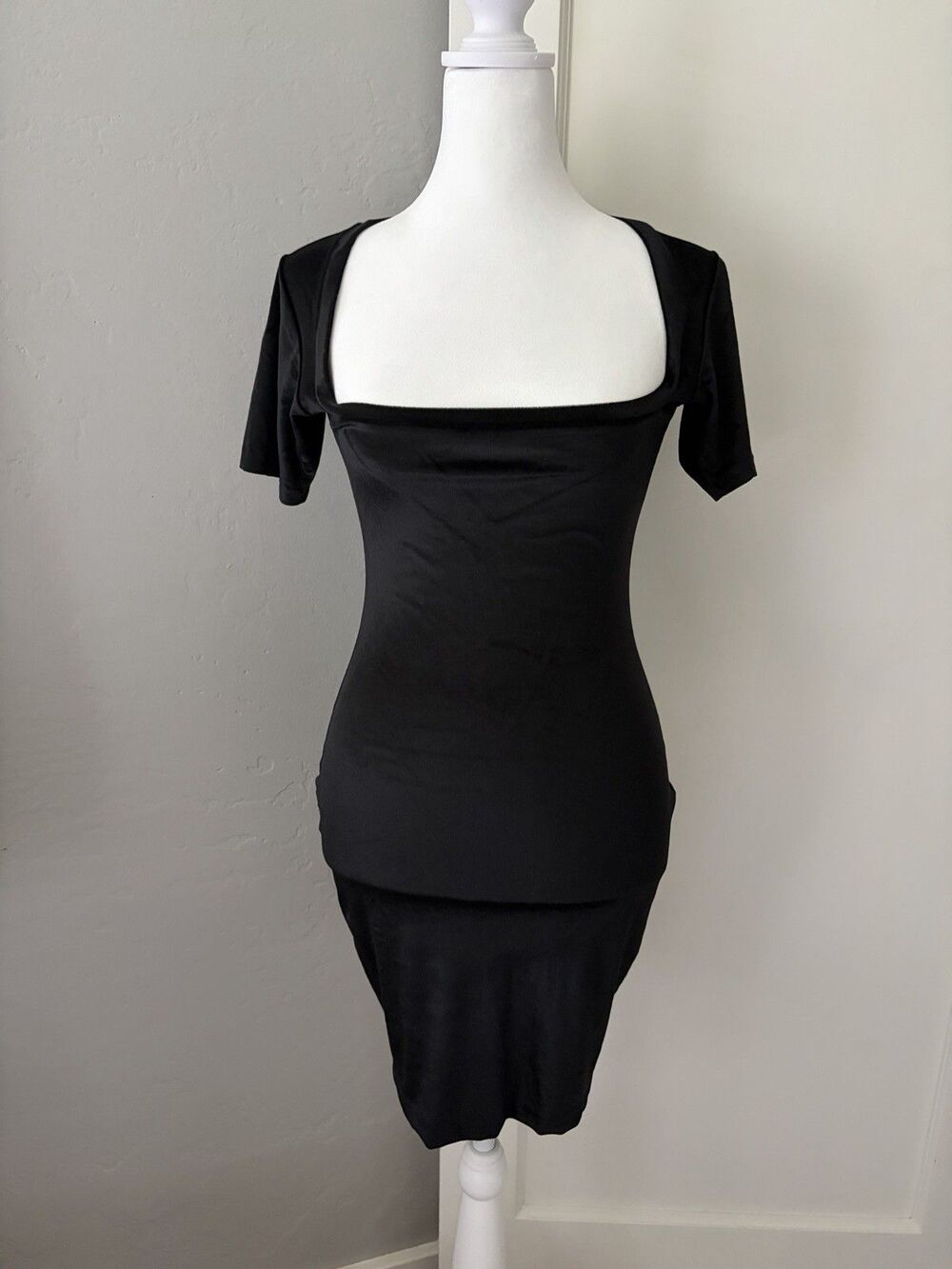 Vintage 90s Isaia NYC Black Bodycon Stretch Velvet Mini Dress Small Square Neck